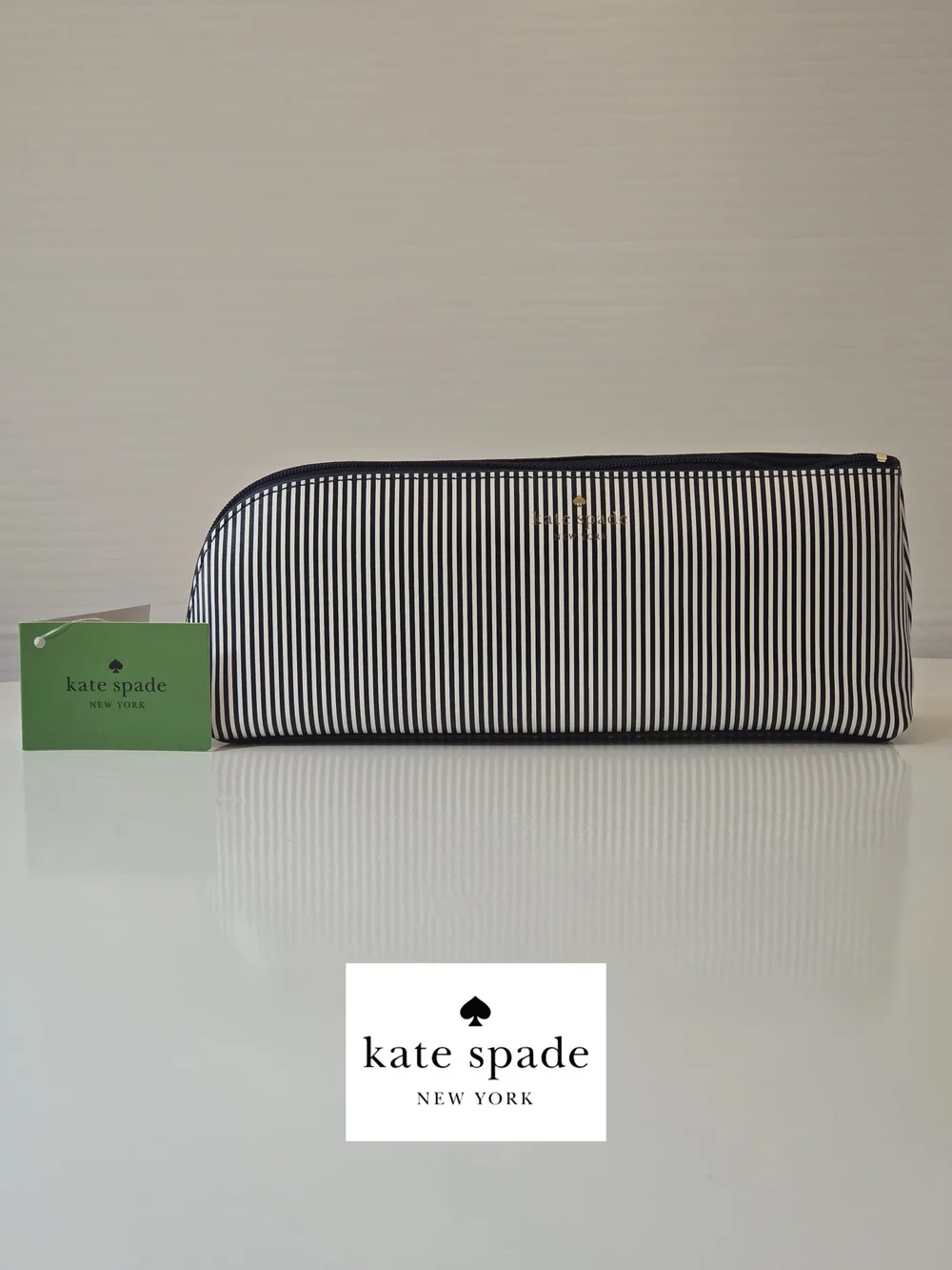 NWT Kate Spade Navy & White Striped Pencil Pouch w/ eraser, ruler & sharpener